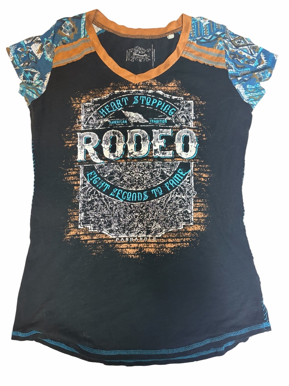 Black Rodeo Panhandle Medium V-Neck Short Sleeve T-Shirt Turquoise Cowgirl Top